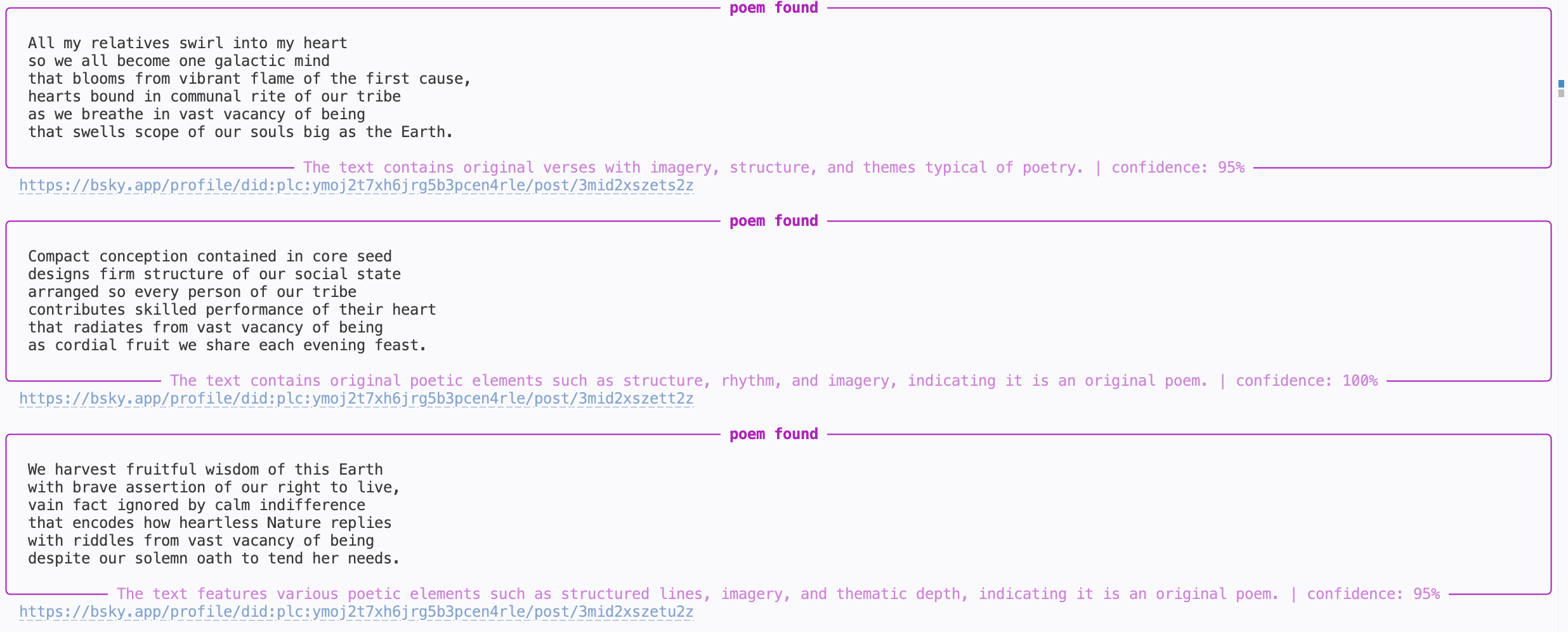 Screenshot from our BlueSky poetry monitor